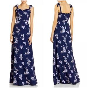 Aidan Mattox Floral Ruffle Maxi Tie Shoulder Strap Navy Blue Formal Gown